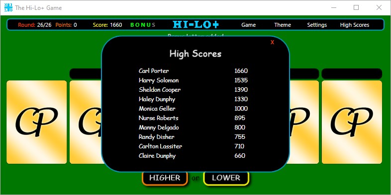 The Hi-Lo+ Game - High Scores