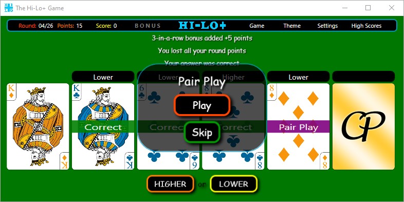 The Hi-Lo+ Game - Pair Play