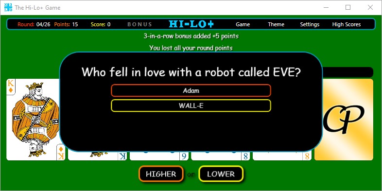 The Hi-Lo+ Game - Quiz Question